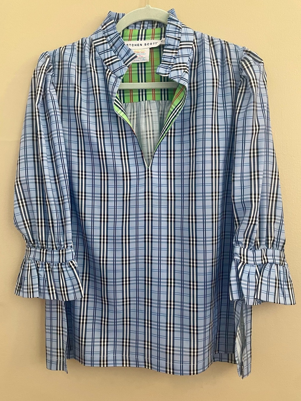 Gretchen Scott Ruff Neck Tunic Sunshine Plaid Periwinkle Blue Blouse Resort XS